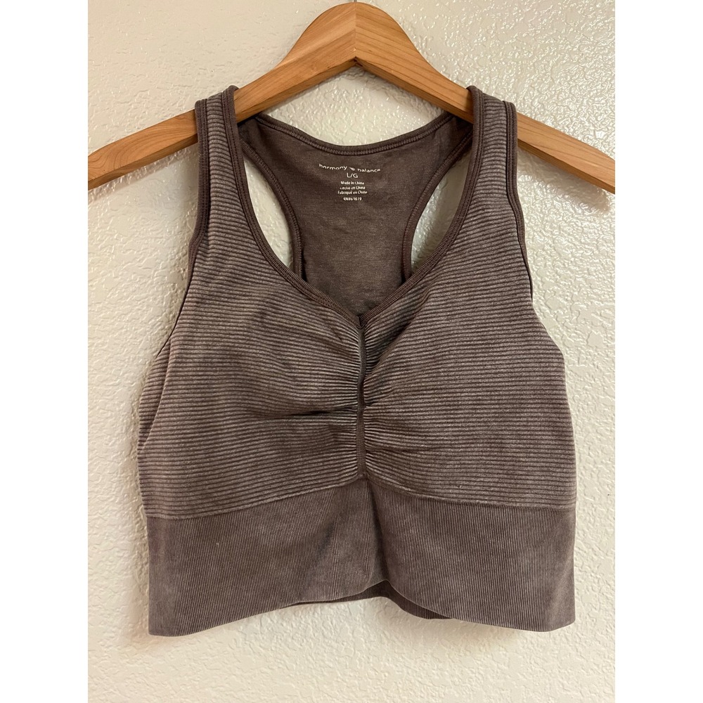 Harmony + Balance Women Brown Ribbed Acid Wash Racerback Sports Bra Crop Top L
